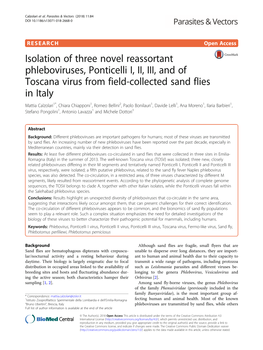 Isolation of Three Novel Reassortant Phleboviruses, Ponticelli I, II, III, And