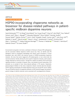 HSP90-Incorporating Chaperome Networks As Biosensor for Disease-Related Pathways in Patient- Speciﬁc Midbrain Dopamine Neurons