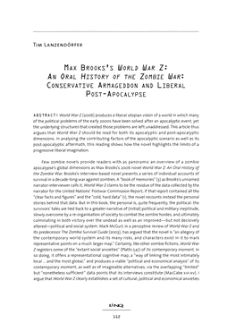Max Brooks's World War Z: an Oral History of the Zombie War: Conservative Armageddon and Liberal Post - Apocal Ypse