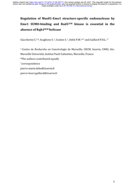 Regulation of Mus81-Eme1 Structure-Specific Endonuclease by Eme1 SUMO-Binding and Rad3atr Kinase Is Essential in the Absence of Rqh1blm Helicase