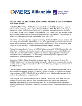 OMERS, Allianz and AXA IM - Real Assets Announce Investment in Altice France’S Fibre to the Home Business