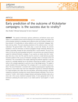 Early Prediction of the Outcome of Kickstarter Campaigns: Is the Success Due to Virality?