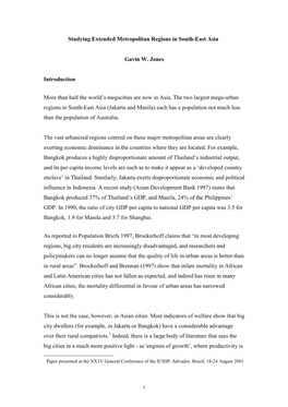 Studying Extended Metropolitan Regions in South-East Asia∗