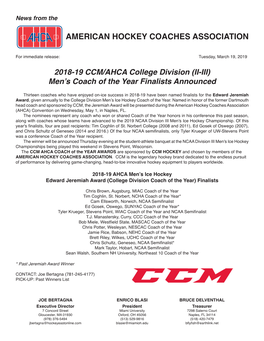 2018-19 CCM/AHCA College Division (II-III) Men's Coach of the Year