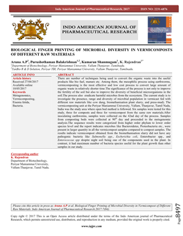 Biological Finger Printing of Microbial Diversity in Vermicomposts of Different Raw Materials