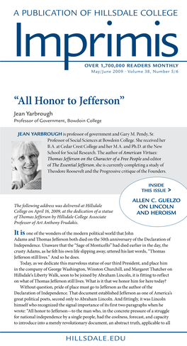 Honor to Jefferson” Jean Yarbrough Professor of Government, Bowdoin College