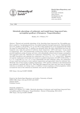 Metabolic Physiology of Euthermic and Torpid Lesser Long-Eared Bats, Nyctophilus Geoffroyi (Chiroptera: Vespertilionidae)