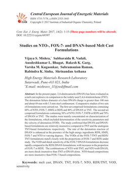 Studies on NTO-, FOX-7- and DNAN-Based Melt Cast Formulations