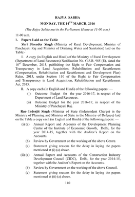 140 Rajya Sabha Monday, the 14Th March, 2016