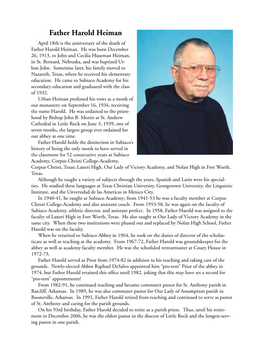 Father Harold Heiman April 18Th Is the Anniversary of the Death of Father Harold Heiman