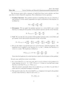 Phys 234 Vector Calculus and Maxwell's Equations Prof. Alex