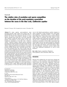 The Relative Roles of Predation and Sperm Competition on the Duration of the Post-Copulatory Association Between the Sexes in the Blue Crab, Callinectes Sapidus