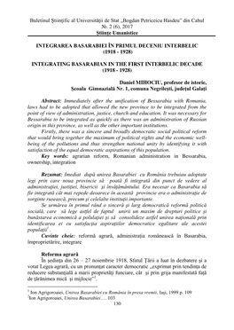 Integrarea Basarabiei În Primul Deceniu Interbelic (1918 – 1928)