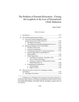 The Problem of Parental Relocation: Closing the Loophole in the Law of International Child Abduction