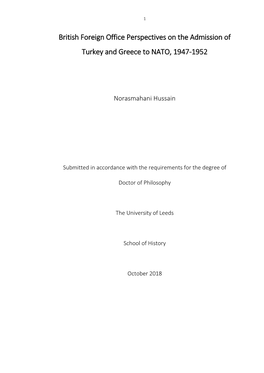 British Foreign Office Perspectives on the Admission of Turkey and Greece to NATO, 1947-1952