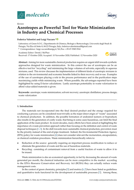 Azeotropes As Powerful Tool for Waste Minimization in Industry and Chemical Processes