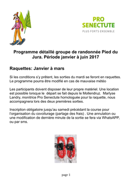 Programme Détaillé Groupe De Randonnée Pied Du Jura. Période Janvier À Juin 2017