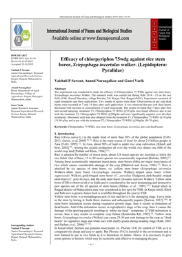 Efficacy of Chlorpyriphos 75Wdg Against Rice Stem Borer, Scirpophaga Incertulas Walker. (Lepidoptera: Pyralidae)