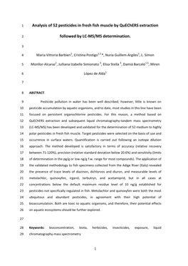 Analysis of 52 Pesticides in Fresh Fish Muscle by Quechers Extraction