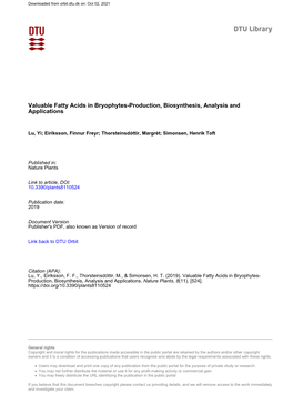 Valuable Fatty Acids in Bryophytes-Production, Biosynthesis, Analysis and Applications