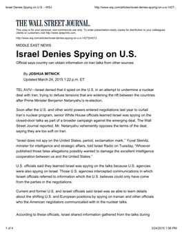 Israel Denies Spying on US