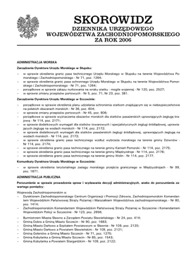 Skorowidz Dziennika Urzędowego Województwa Zachodniopomorskiego Za Rok 2006