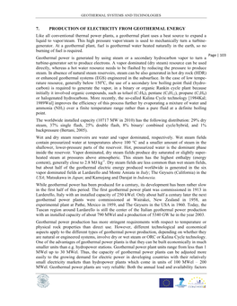 7. PRODUCTION of ELECTRICITY from GEOTHERMAL ENERGY Like All Conventional Thermal Power Plants, a Geothermal Plant Uses a Heat S