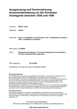 Auseinandersetzung Um Die Schweizer Avantgarde Zwischen 1936 Und 1946