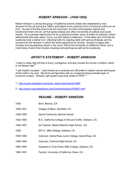 (1930-1992) Artist's Statement – Robert Arneson Resume