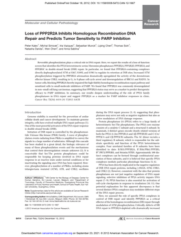 Loss of PPP2R2A Inhibits Homologous Recombination DNA Repair and Predicts Tumor Sensitivity to PARP Inhibition