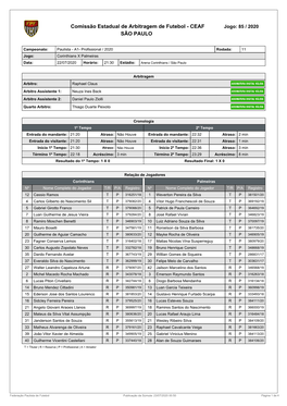 Comissão Estadual De Arbitragem De Futebol - CEAF Jogo: 85 / 2020 SÃO PAULO