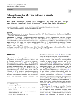 Exchange Transfusion Safety and Outcomes in Neonatal Hyperbilirubinemia