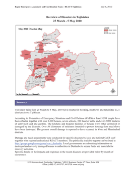 Overview of Disasters in Tajikistan 25 March - 5 May 2010