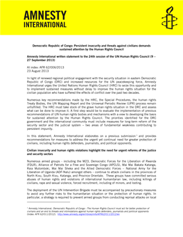 Democratic Republic of Congo: Persistent Insecurity and Threats Against Civilians Demands Sustained Attention by the Human Rights Council