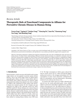 Review Article Therapeutic Role of Functional Components in Alliums for Preventive Chronic Disease in Human Being