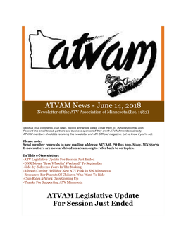 ATVAM News - June 14, 2018 Newsletter of the ATV Association of Minnesota (Est