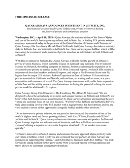 For Immediate Release Qatar Airways Announces