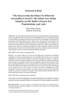 “The Story Is Only the Platter on Which the Personality Is Served”: the Debate Over Media Integrity on CBC Radio’S Literary Arts Programming, 1948–1985