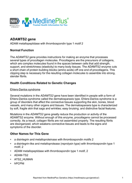 ADAMTS2 Gene ADAM Metallopeptidase with Thrombospondin Type 1 Motif 2
