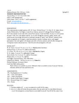 1/8/15 Professor Bryant, ENL 3154 (Sec. 11A8) Spring 2015 MODERN BRITISH POETRY Time & Place: T 7, R 7-8 in TUR 2306 Office: 4360 Turlington Hall Office Hours: T Per