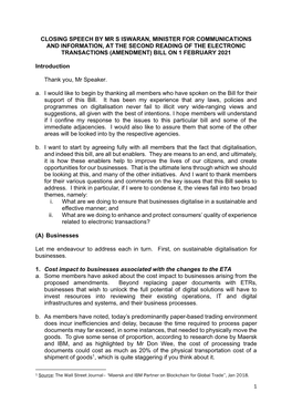 Closing Speech by Mr S Iswaran, Minister for Communications and Information, at the Second Reading of the Electronic Transactions (Amendment) Bill on 1 February 2021