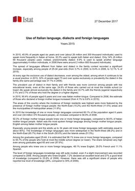 Use of Italian Language, Dialects and Foreign Languages Years 2015