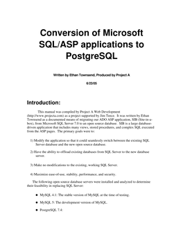 Conversion of Microsoft SQL/ASP Applications to Postgresql
