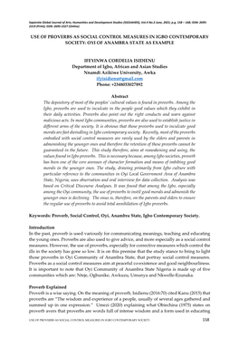 158 Use of Proverbs As Social Control Measures in Igbo Contemporary