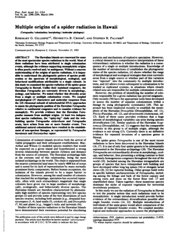 Multiple Origins of a Spider Radiation in Hawaii (Tetragnatha/Colonization/Morphology/Moleuar Phylgeny) ROSEMARY G