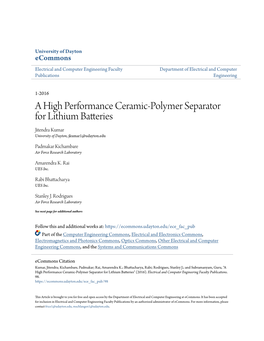 A High Performance Ceramic-Polymer Separator for Lithium Batteries Jitendra Kumar University of Dayton, Jkumar1@Udayton.Edu