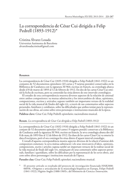 La Correspondencia De César Cui Dirigida a Felip Pedrell (1893-1912)*