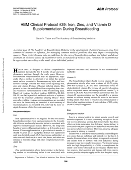 ABM Clinical Protocol #29: Iron, Zinc, and Vitamin D Supplementation During Breastfeeding