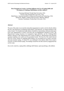 Does Engaging in Creative Activities Influence the Use of Coping Skills and Perception of Challenge-Skill Balance in Elite Athletes?