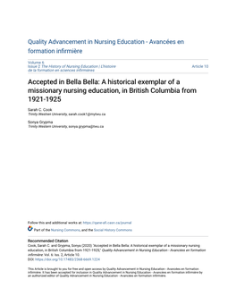 Accepted in Bella Bella: a Historical Exemplar of a Missionary Nursing Education, in British Columbia from 1921-1925